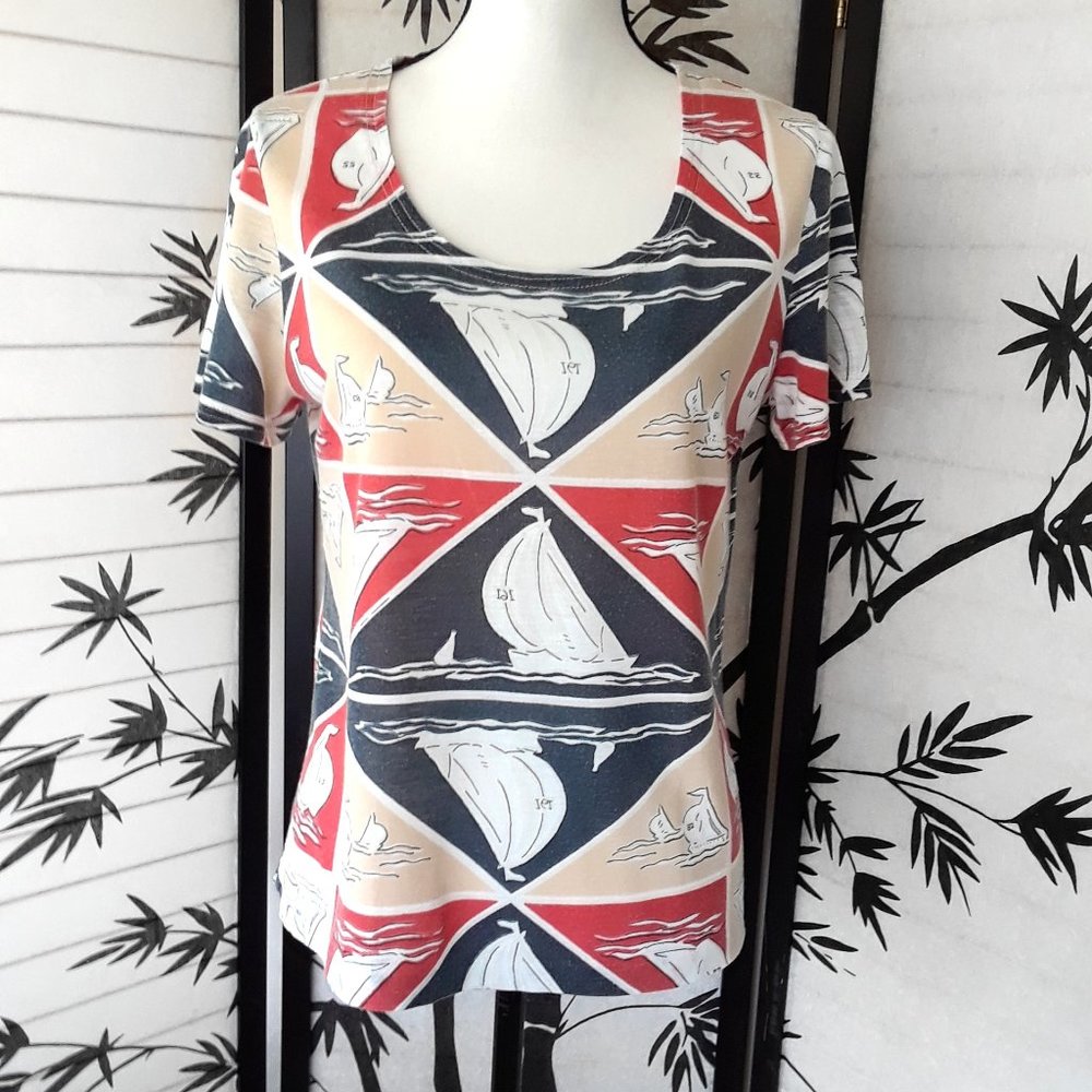 Vintage 70s Multicolored Geometric Novelty Sailboat Print Beach T Shirt